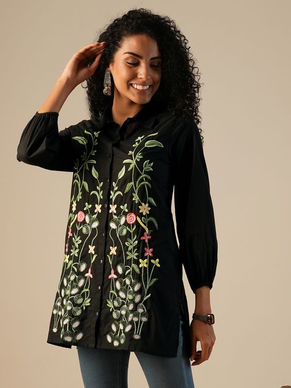 Globus Women Black Shirt Collar Bishop Sleeves Floral Embroidered A-Line Fusion Tunic