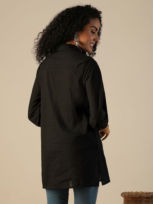 Globus Women Black Shirt Collar Bishop Sleeves Floral Embroidered A-Line Fusion Tunic
