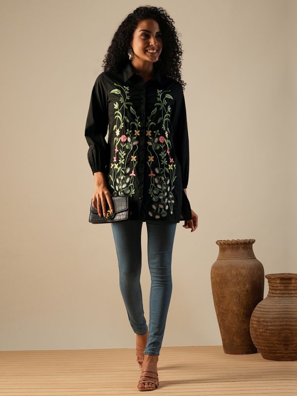Globus Women Black Shirt Collar Bishop Sleeves Floral Embroidered A-Line Fusion Tunic