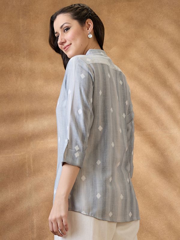 Globus Women Grey Collar Neck Roll-Up Sleeves Geometric Woven Design Workwear Shirt Style Tunic
