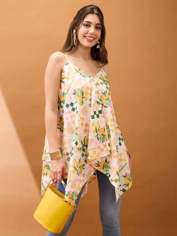 Globus Women Off White V-Neck Strappy Shoulder Floral & Fruit Print Asymmetric Hem Fusion Tunic