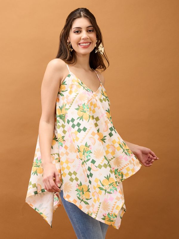 Globus Women Off White V-Neck Strappy Shoulder Floral & Fruit Print Asymmetric Hem Fusion Tunic