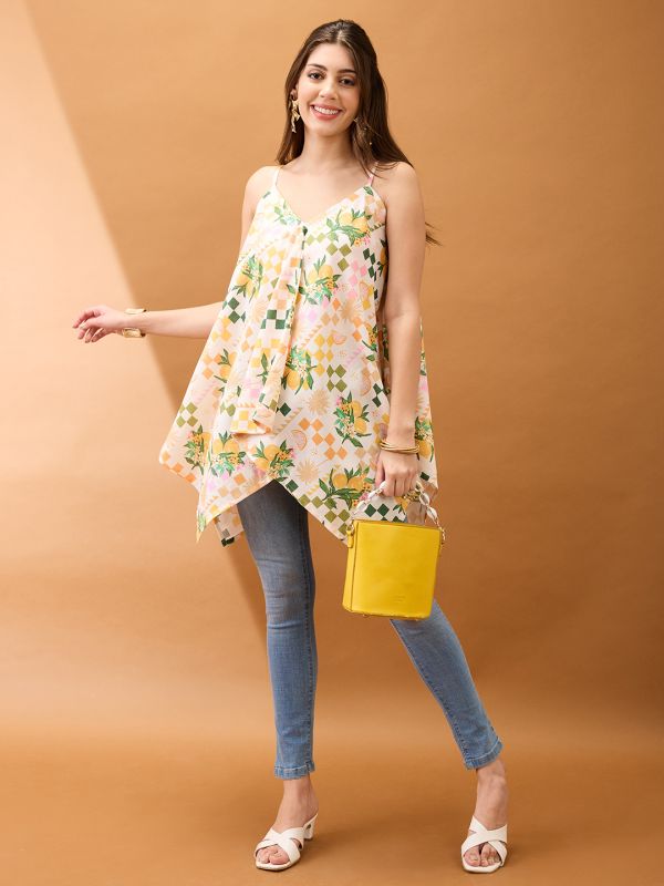 Globus Women Off White V-Neck Strappy Shoulder Floral & Fruit Print Asymmetric Hem Fusion Tunic