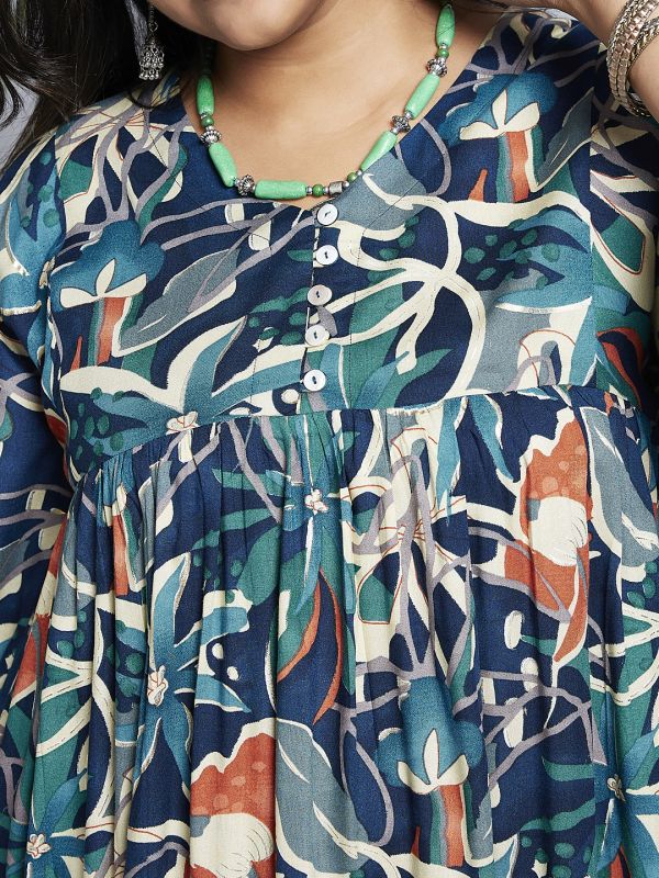 Globus Gloplus Women Navy Blue V-Neck Floral Print Gathered A-Line Plus Size Midi Fusion Dress