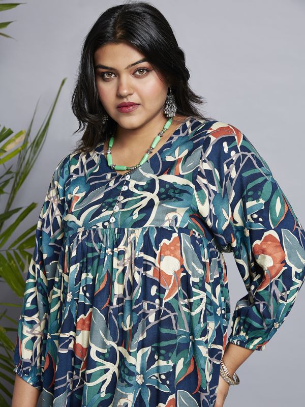 Globus Gloplus Women Navy Blue V-Neck Floral Print Gathered A-Line Plus Size Midi Fusion Dress