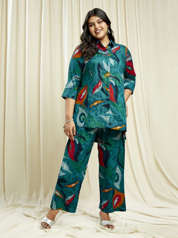 Globus Gloplus Women Teal Abstract Print Shirt Style Tunic with Wide Leg Trousers Plus Size Fusion Co-Ord Set