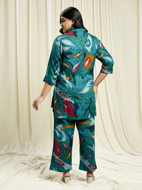 Globus Gloplus Women Teal Abstract Print Shirt Style Tunic with Wide Leg Trousers Plus Size Fusion Co-Ord Set