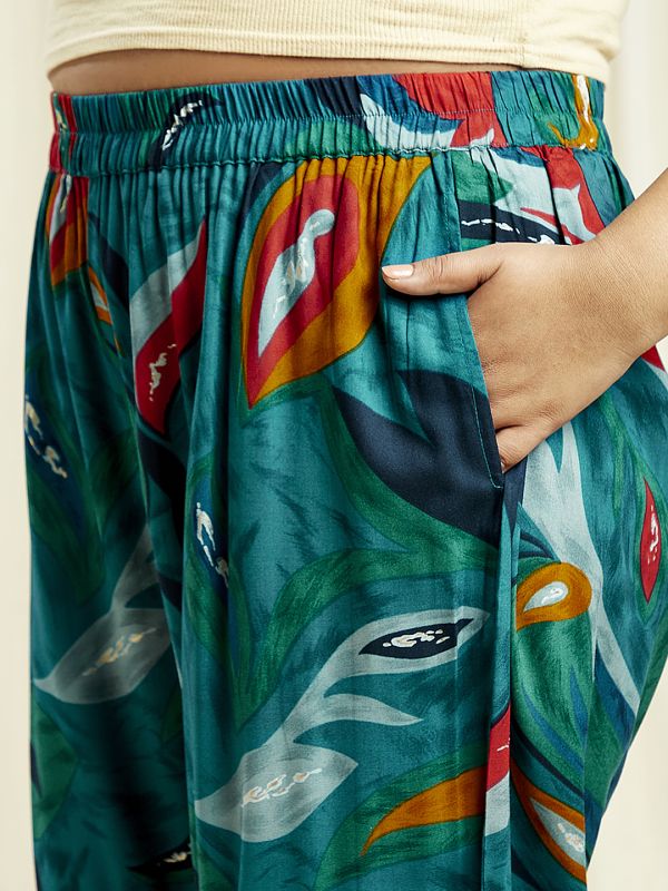 Globus Gloplus Women Teal Abstract Print Shirt Style Tunic with Wide Leg Trousers Plus Size Fusion Co-Ord Set