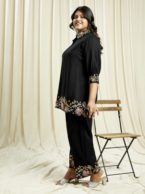 Globus Gloplus Women Black Embroidered Detail Shirt Style Tunic With Wide Leg Trousers Plus Size Fusion Co-Ord Set