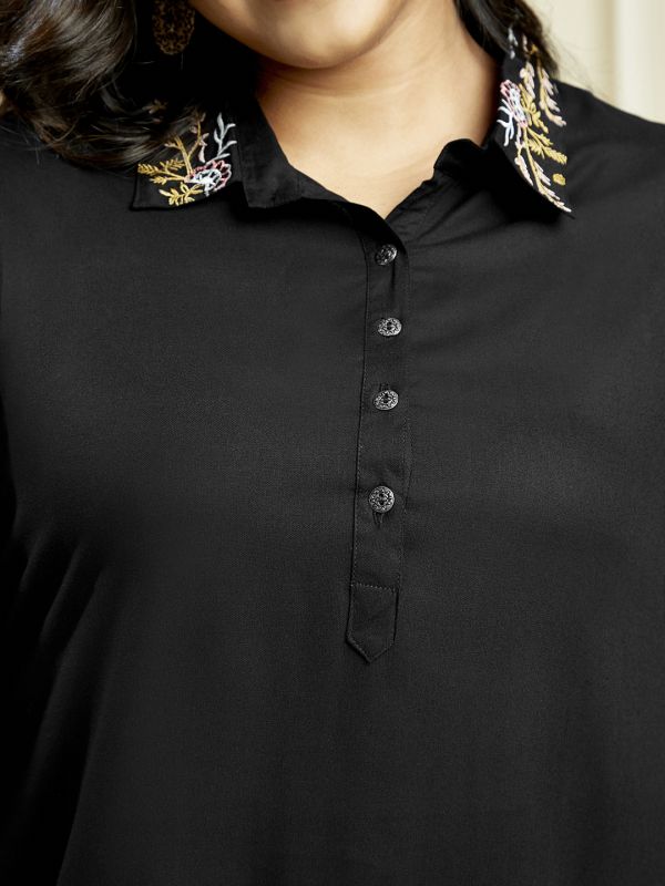 Globus Gloplus Women Black Embroidered Detail Shirt Style Tunic With Wide Leg Trousers Plus Size Fusion Co-Ord Set