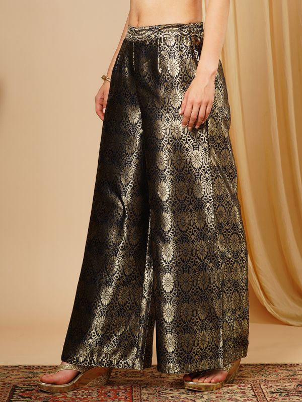 Globus Women Navy Blue & Silver Floral Jaal Print Partially Elasticated Wide Leg Ethnic Palazzos