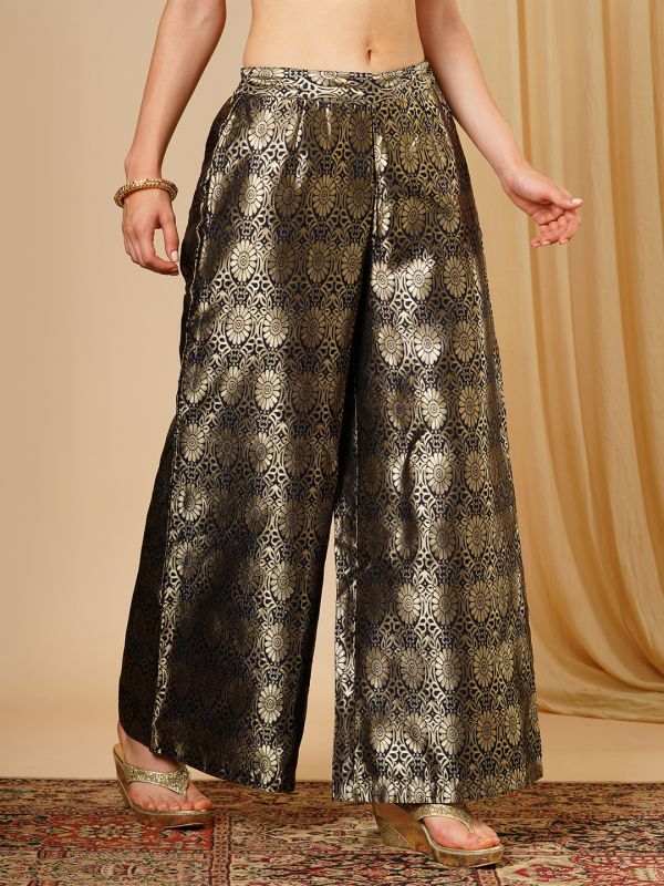 Globus Women Navy Blue & Silver Floral Jaal Print Partially Elasticated Wide Leg Ethnic Palazzos