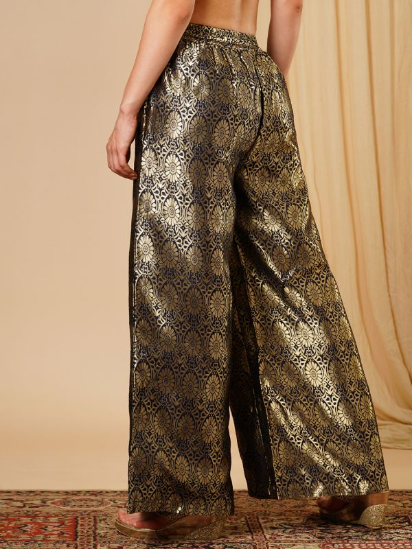Globus Women Navy Blue & Silver Floral Jaal Print Partially Elasticated Wide Leg Ethnic Palazzos