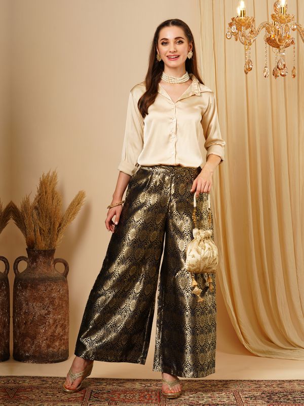 Globus Women Navy Blue & Silver Floral Jaal Print Partially Elasticated Wide Leg Ethnic Palazzos