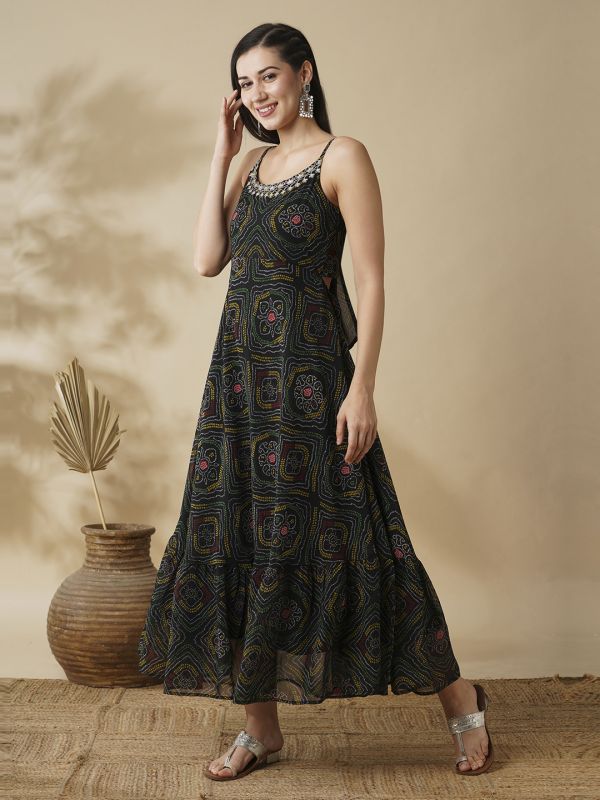 Globus Women Black Strappy Shoulder Bandhani Print Fit & Flare Dress Maxi Dress