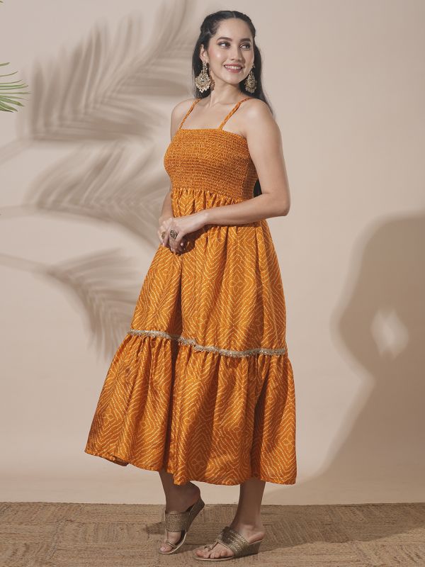 Globus Women Yellow Bandhani Print Strappy Shoulder Smocked Sequin Lace Detailing Tiered Fit & Flare Midi Fusion Dress