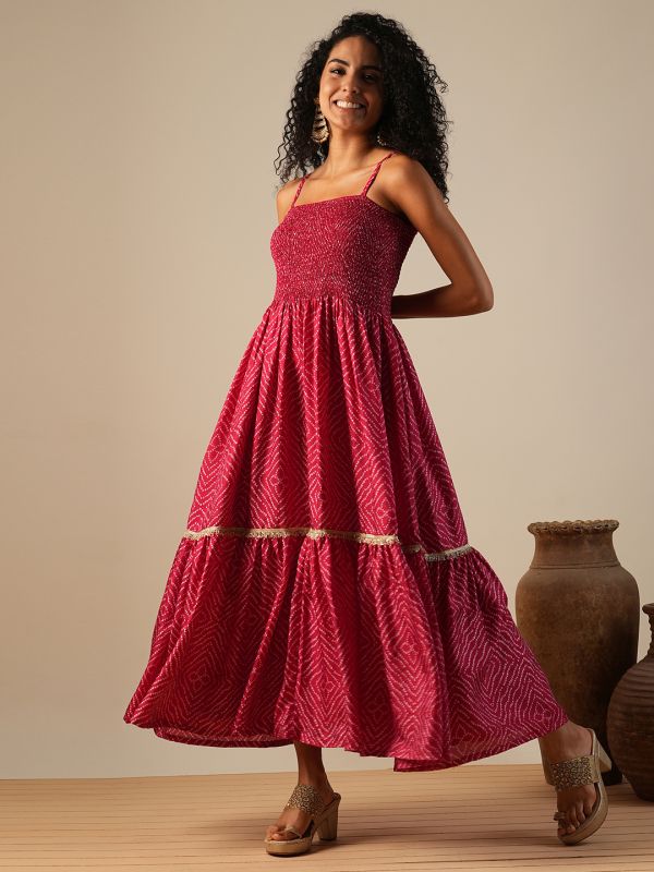 Globus Women Pink Square Neck Strappy Shoulder Bandhani Print Gotta Lace Smocked Tiered Fit & Flare Fusion Maxi Dress
