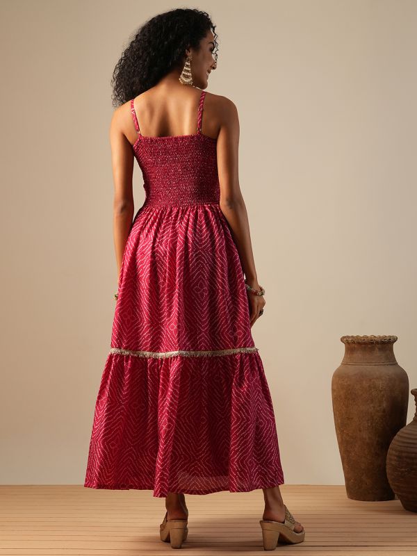 Globus Women Pink Square Neck Strappy Shoulder Bandhani Print Gotta Lace Smocked Tiered Fit & Flare Fusion Maxi Dress