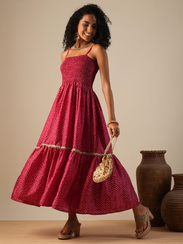 Globus Women Pink Square Neck Strappy Shoulder Bandhani Print Gotta Lace Smocked Tiered Fit & Flare Fusion Maxi Dress