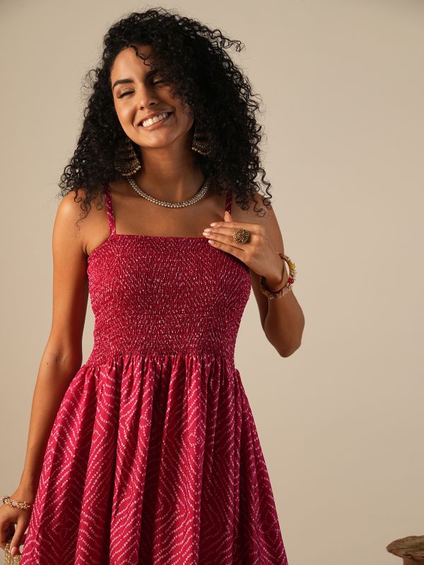 Globus Women Pink Square Neck Strappy Shoulder Bandhani Print Gotta Lace Smocked Tiered Fit & Flare Fusion Maxi Dress