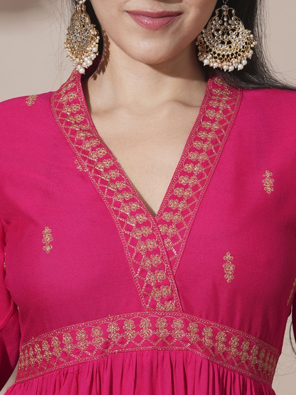 Globus Women Pink Embroidered V-Neck Puff Sleeves Gathered & Tiered A-Line Midi Festive Dress