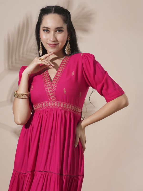 Globus Women Pink Embroidered V-Neck Puff Sleeves Gathered & Tiered A-Line Midi Festive Dress