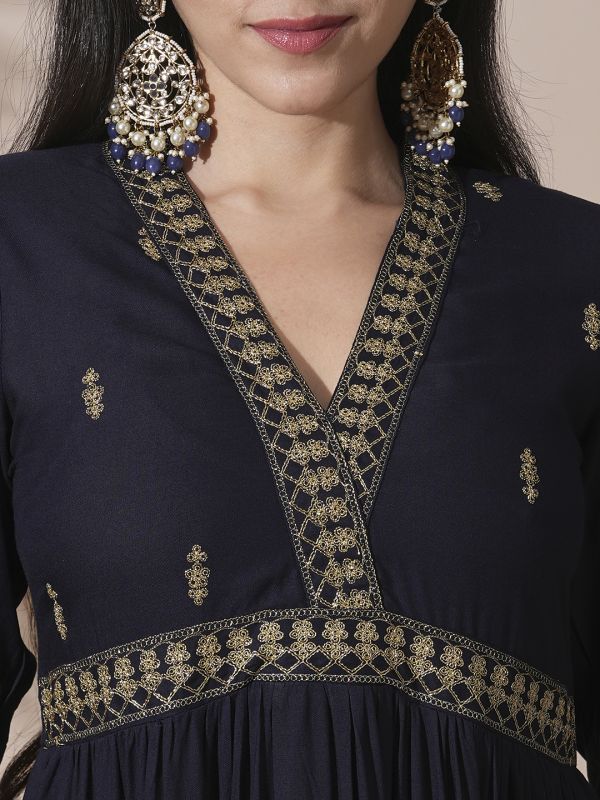 Globus Women Blue Embroidered V-Neck Puff Sleeves Gathered & Tiered A-Line Midi Festive Dress