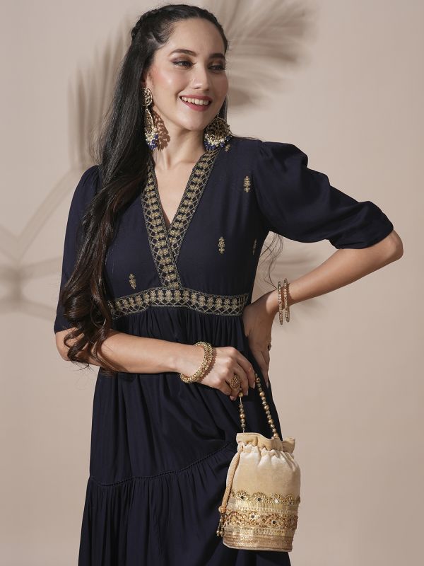Globus Women Blue Embroidered V-Neck Puff Sleeves Gathered & Tiered A-Line Midi Festive Dress