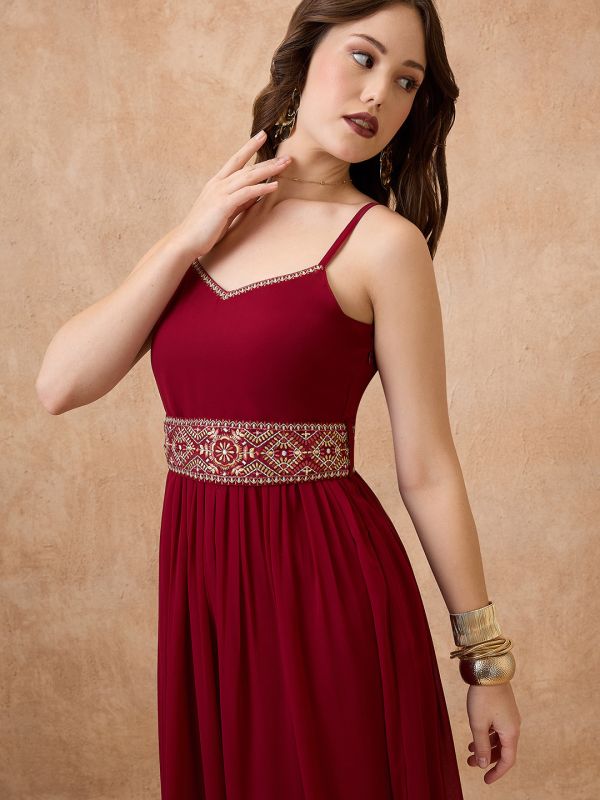Globus Women Maroon Sweetheart Neck Shoulder Strap Georgette Embroidered Waist Tie-Up Tiered A-Line Maxi Festive Dress