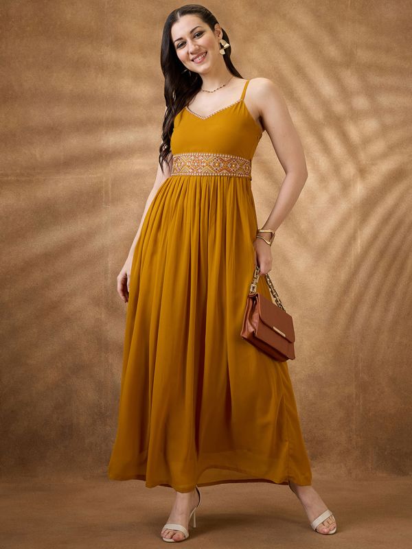 Globus Women Mustard V-Neck Strappy Shoulder Georgette Tie-Up Detail A-Line Festive Maxi Dress With Embroidered Belted