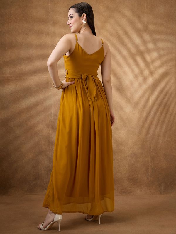 Globus Women Mustard V-Neck Strappy Shoulder Georgette Tie-Up Detail A-Line Festive Maxi Dress With Embroidered Belted