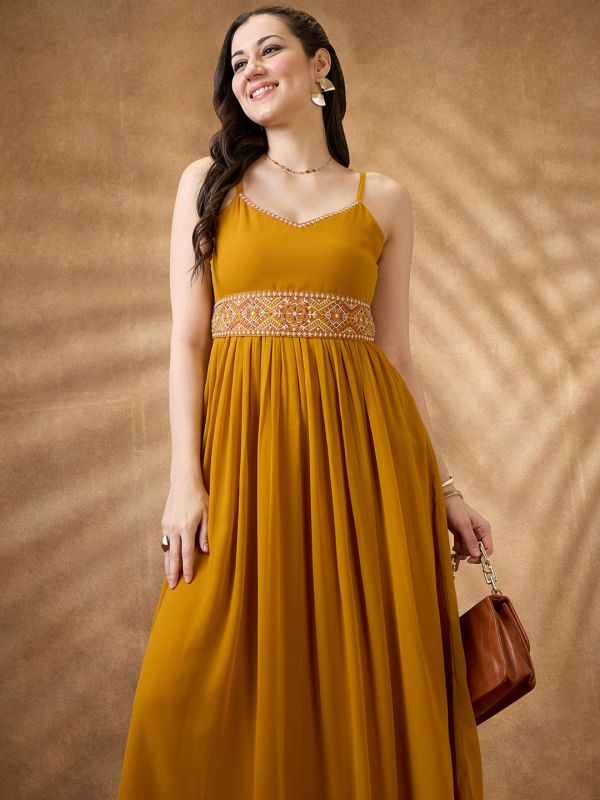 Globus Women Mustard V-Neck Strappy Shoulder Georgette Tie-Up Detail A-Line Festive Maxi Dress With Embroidered Belted