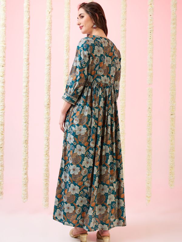 Globus Women Teal Sweetheart Neck Embroidered Detail Gold Foil Floral Print Gathered A-Line Fusion Maxi Dress