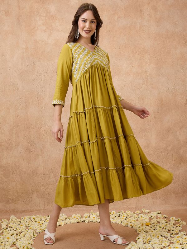 Globus Women Green V-Neck Floral Embroidered Yoke Flared Hem Tiered Alia Cut A-Line Midi Ethnic Dress