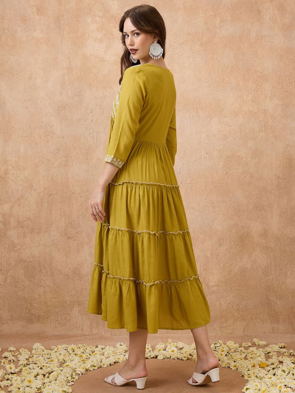 Globus Women Green V-Neck Floral Embroidered Yoke Flared Hem Tiered Alia Cut A-Line Midi Ethnic Dress