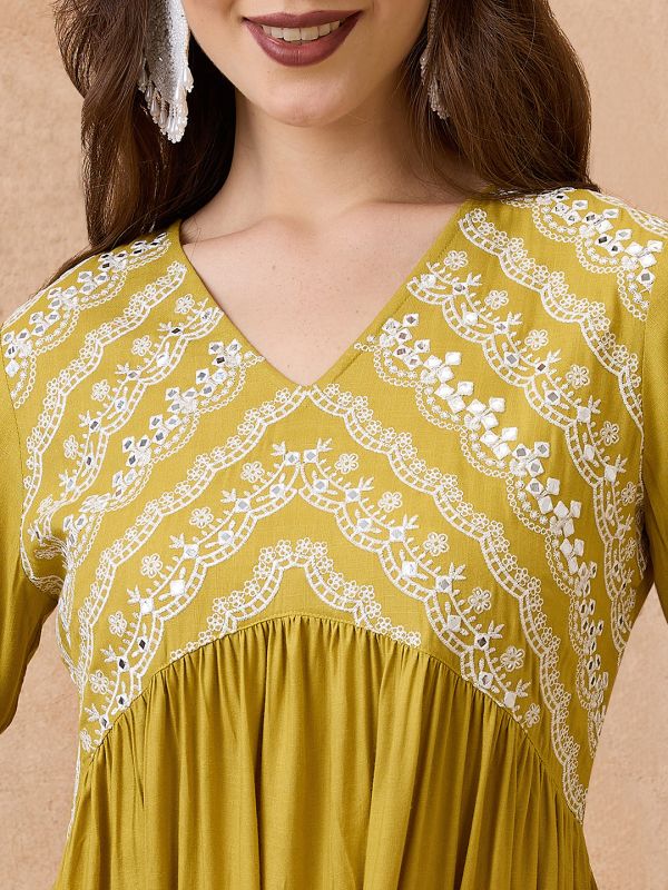 Globus Women Green V-Neck Floral Embroidered Yoke Flared Hem Tiered Alia Cut A-Line Midi Ethnic Dress