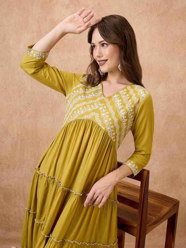 Globus Women Green V-Neck Floral Embroidered Yoke Flared Hem Tiered Alia Cut A-Line Midi Ethnic Dress