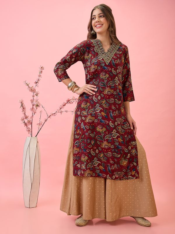 Globus Women Maroon Scalloped Embroidered V-Neck Gold Foil Paisley Print Chanderi Festive Kurta