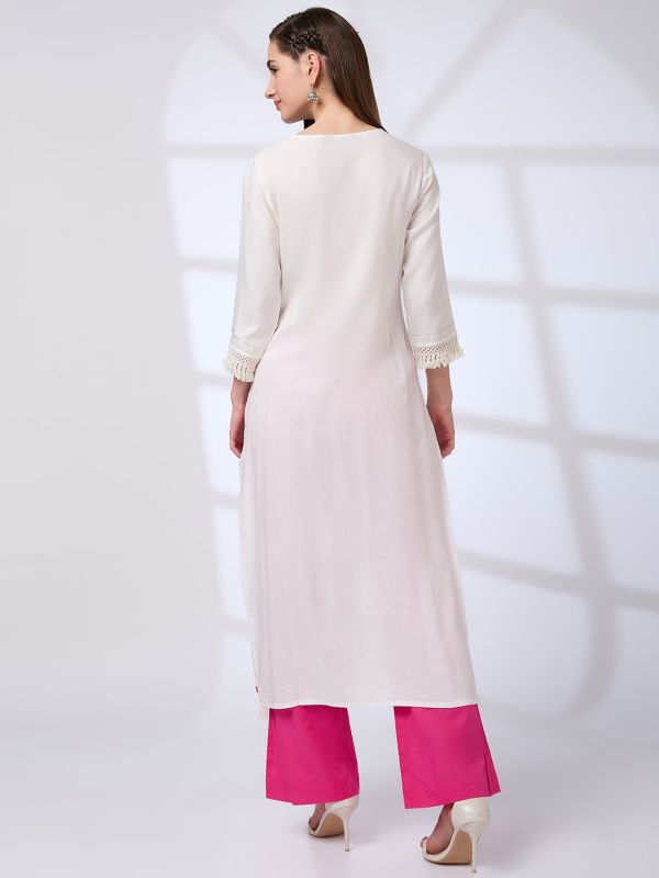 Globus Women Off White Floral Embroidered Yoke Crochet Detail Sleeves Straight Festive Kurta