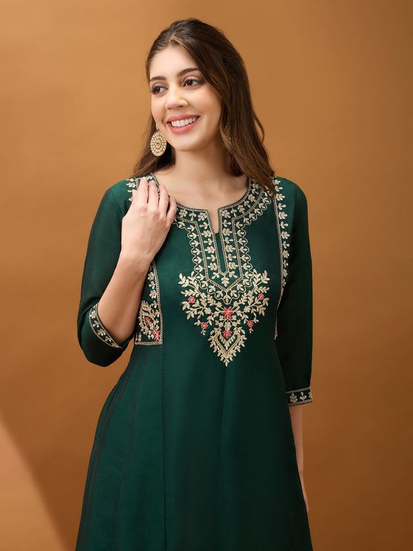 Globus Women Green Floral Embroidered Yoke Detail Round Neck Panelled Anarkali Festive Kurta