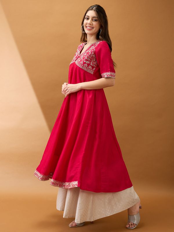 Globus Women Pink Sequinned Floral Embroidered Yoke V-Neck Alia Cut A-Line Festive Kurta