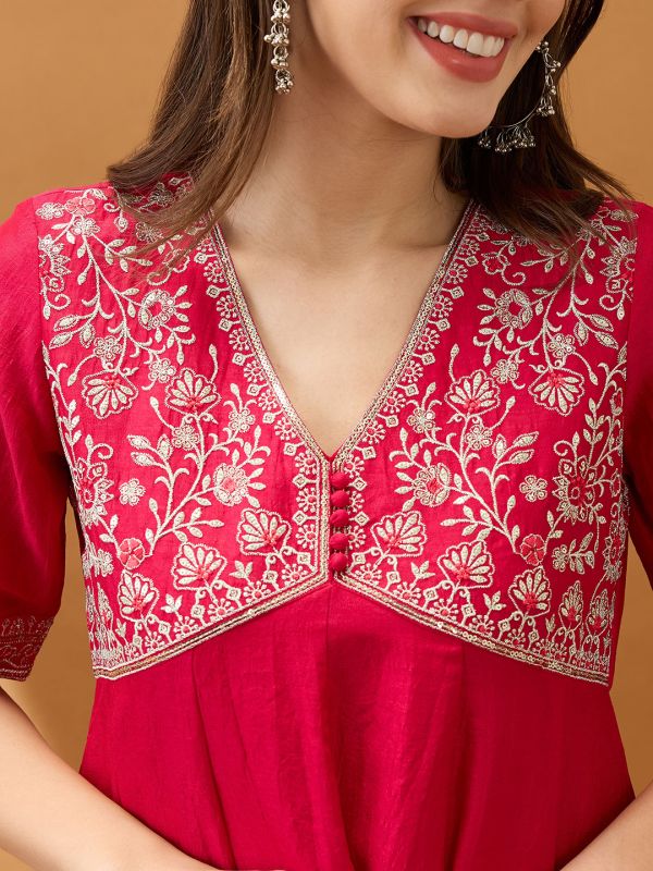 Globus Women Pink Sequinned Floral Embroidered Yoke V-Neck Alia Cut A-Line Festive Kurta