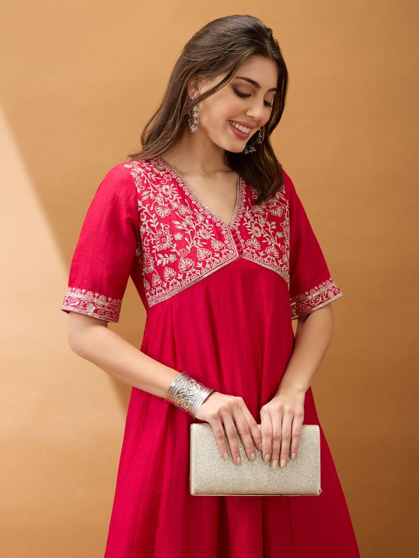 Globus Women Pink Sequinned Floral Embroidered Yoke V-Neck Alia Cut A-Line Festive Kurta