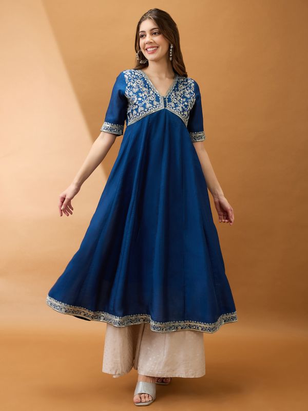 Globus Women Blue Sequinned Floral Embroidered Yoke V-Neck Alia Cut A-Line Festive Kurta