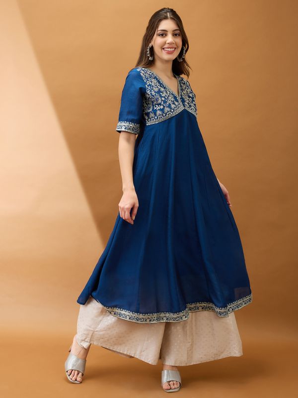 Globus Women Blue Sequinned Floral Embroidered Yoke V-Neck Alia Cut A-Line Festive Kurta