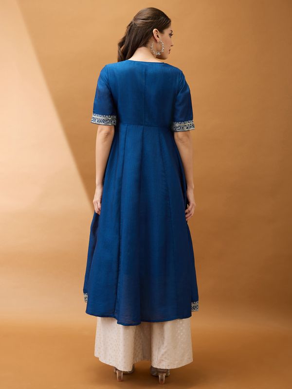 Globus Women Blue Sequinned Floral Embroidered Yoke V-Neck Alia Cut A-Line Festive Kurta