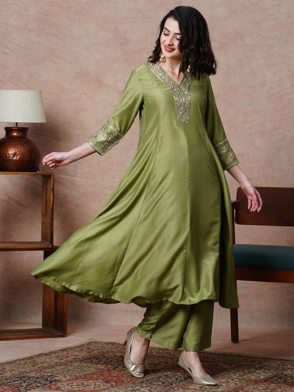 Globus Women Olive Floral Embroidered & Sequinned Yoke Panelled A-Line Anarkali Kurta & Pant Set
