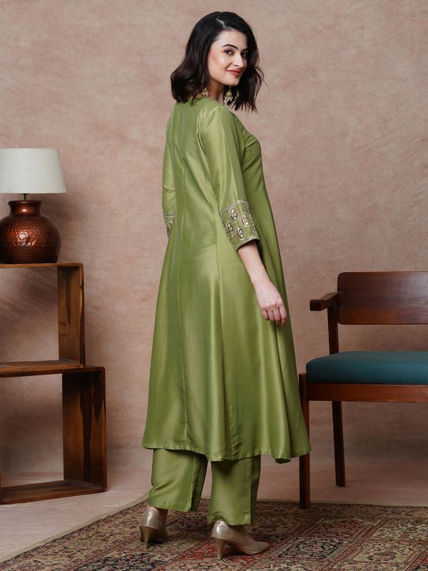 Globus Women Olive Floral Embroidered & Sequinned Yoke Panelled A-Line Anarkali Kurta & Pant Set
