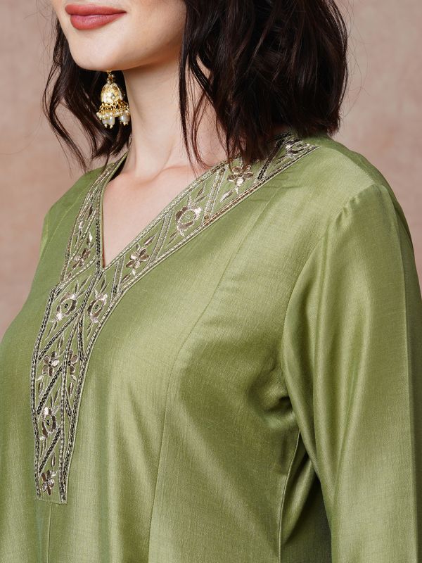 Globus Women Olive Floral Embroidered & Sequinned Yoke Panelled A-Line Anarkali Kurta & Pant Set
