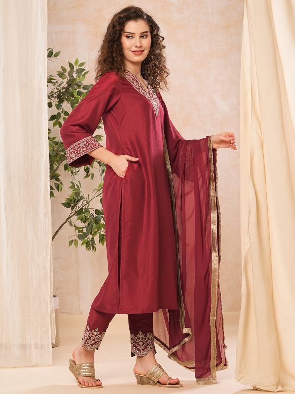 Globus Women Maroon Embroidered V-Neck Bell Sleeve Kurta Set With Fringed Chiffon Dupatta